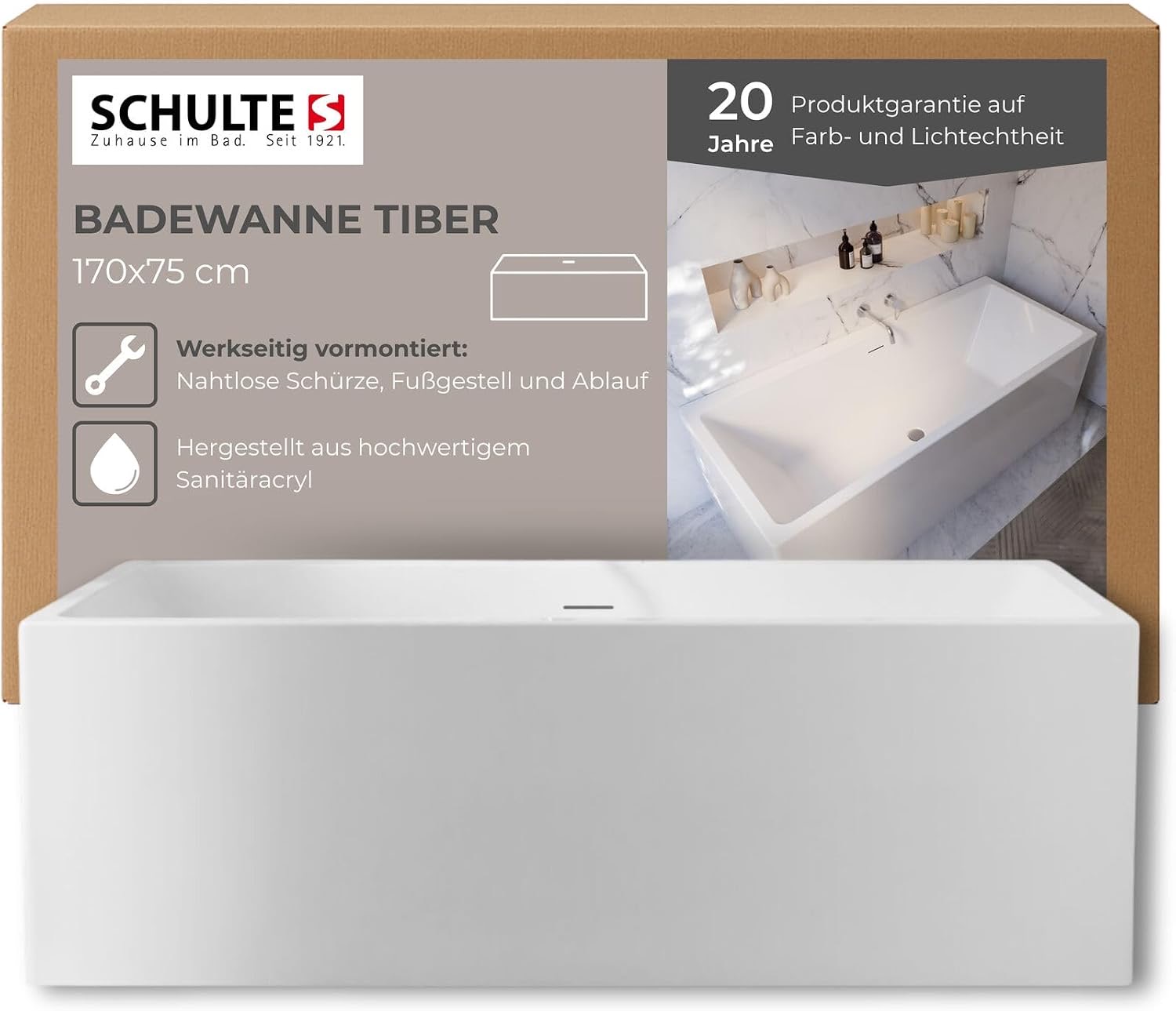Schulte Badewanne Tiber inkl. vormontierter Schürze, 170x75 cm, Komplett inkl. Fußgestell und Ablauf, aus hochwertigem Acryl in Weiß glänzend