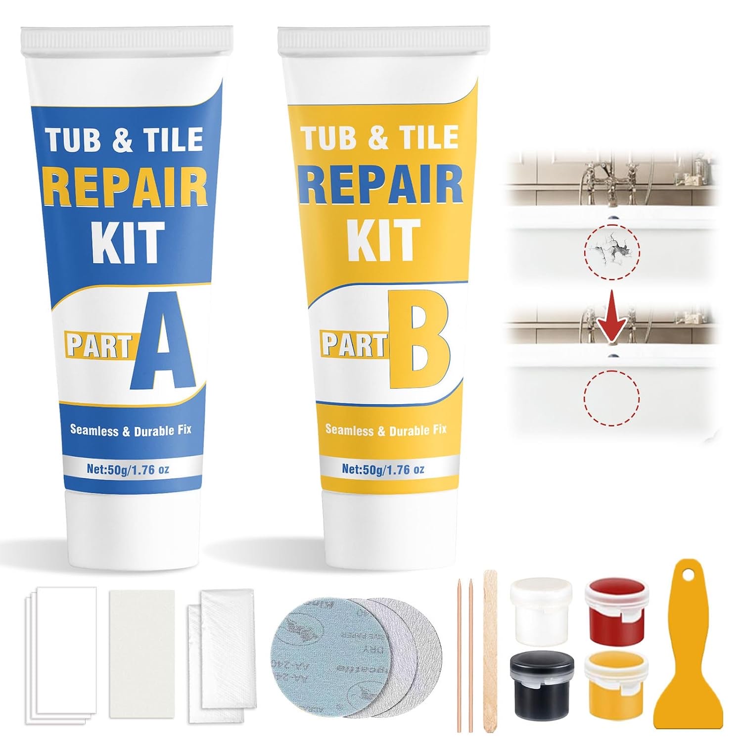 Badewannen Reparaturset, All-in-One Wasserdichtes Kit für Risse, Kratzer & Löcher an Keramik, Fliesen, Emaille, 4 Grundfarben, Heißwasserbeständig, Dauerhafte Reparatur inkl (1 pack)