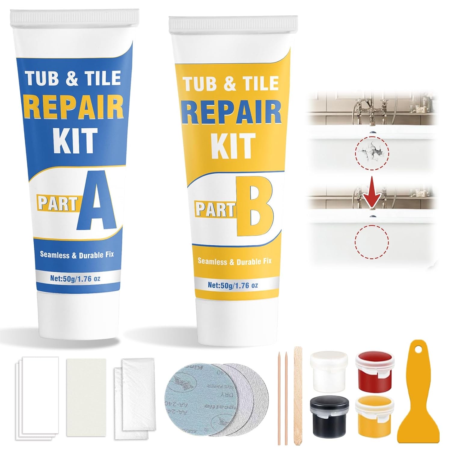 Badewannen Reparaturset, All-in-One Wasserdichtes Kit für Risse, Kratzer & Löcher an Keramik, Fliesen, Emaille, 4 Grundfarben, Heißwasserbeständig, Dauerhafte Reparatur inkl