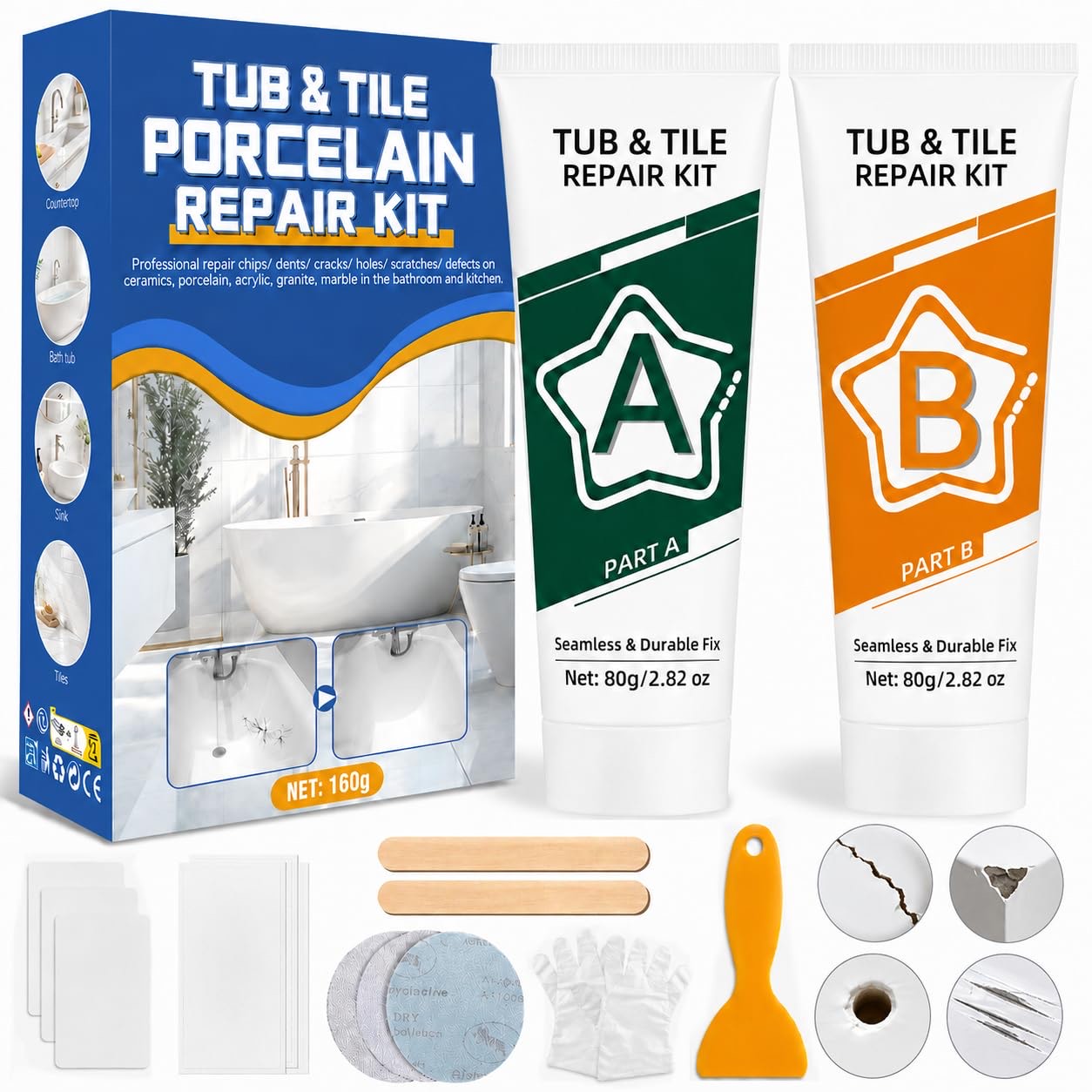 Badewannen Reparaturset Weiß 160g,Für zur Beseitigung von Rissen, Kratzern