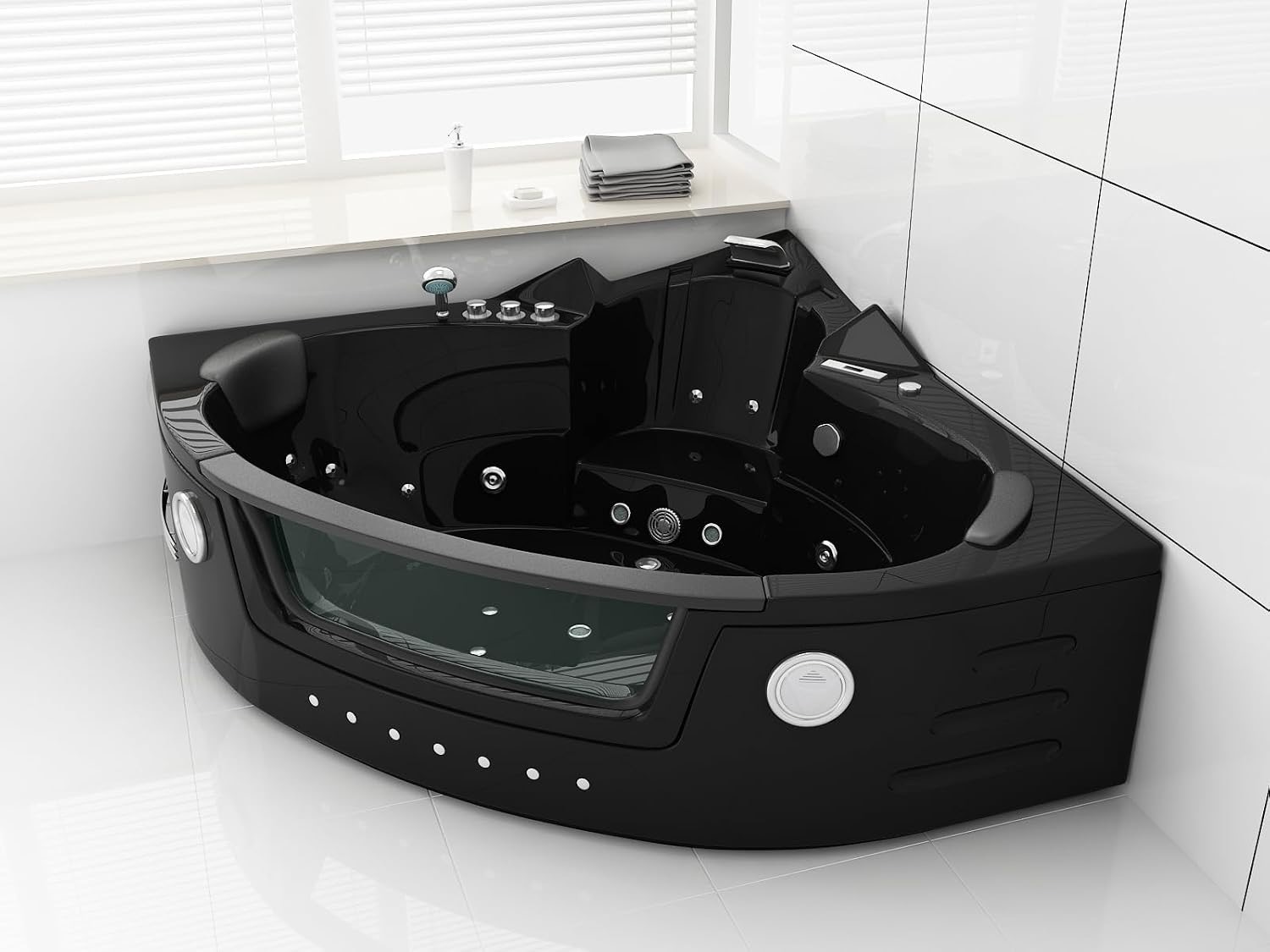 Luxus Whirlpool Milano 152x152 cm Black – beheizbare Badewanne für 2 Personen mit 14 Hydrojets, 16 Airjets, LED-Farblicht, Bluetooth-Soundsystem, Wasserfall, Ozondesinfektion & digitales Bedienfeld
