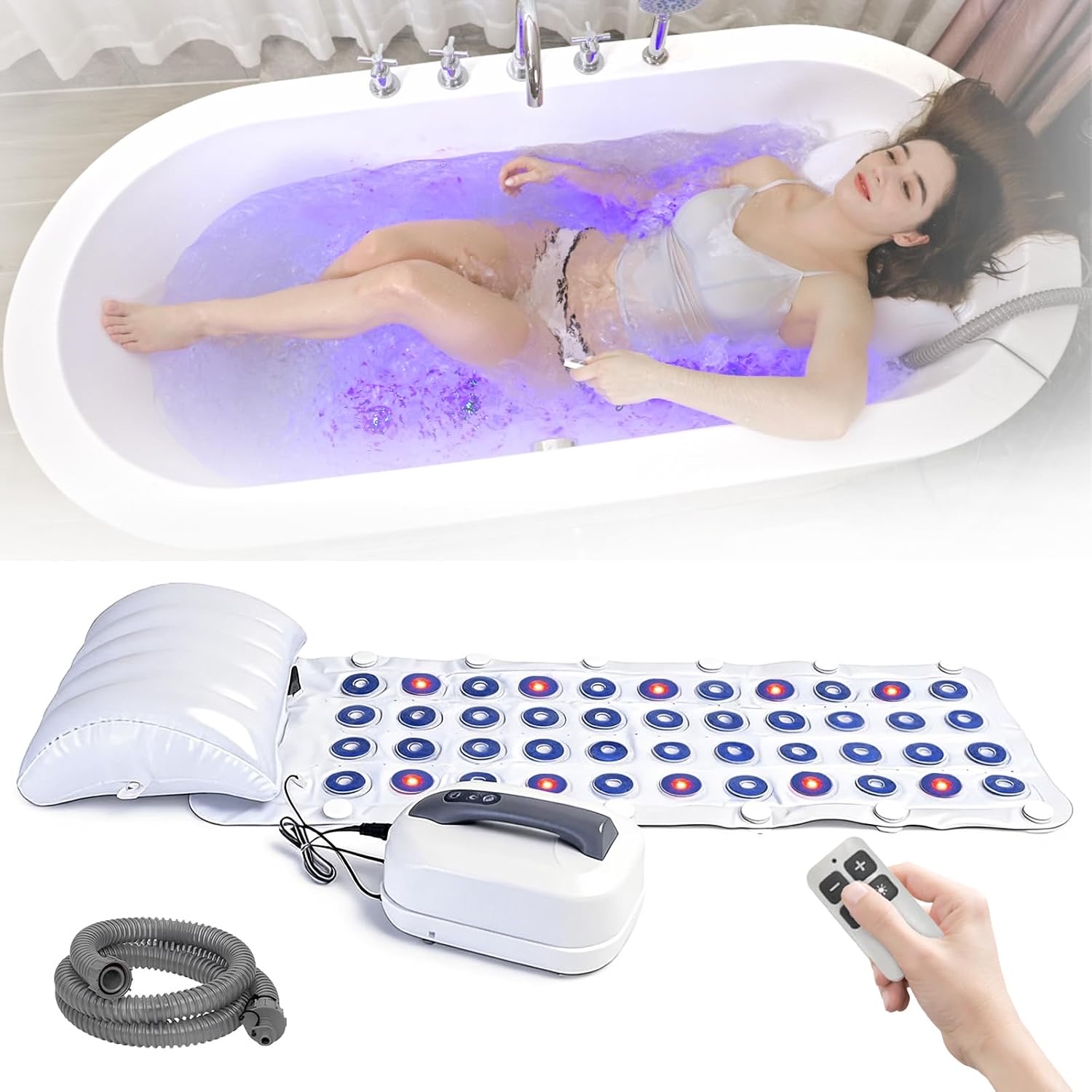 Sprudelmatte Badewanne, Whirlpool Matte für Badewanne Luftsprudelbad Badewannenmatte mit Mehrere Farben 6 Intensitätsstufen mit 44 Düsen und Kissen Spa Badewannenzubehör für Spa Baden