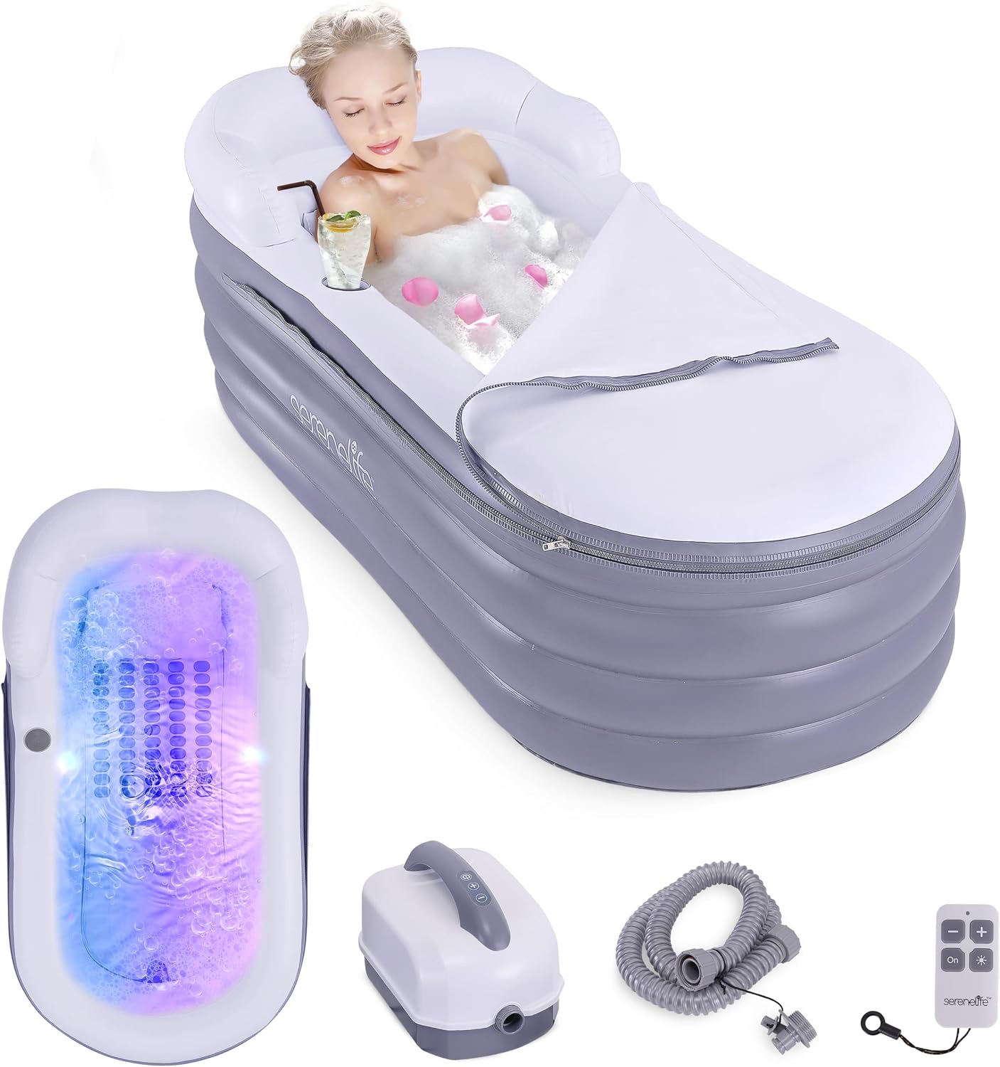 SereneLife SereneLife Aufblasbare Badewanne Erwachsene – 168×76 cm, Faltbar, Grau – Mit Bubble Sprudelmatte und LED-Licht, Inkl. Kissen, Becherhalter und Fernbedienung, Indoor Spa Erlebnis