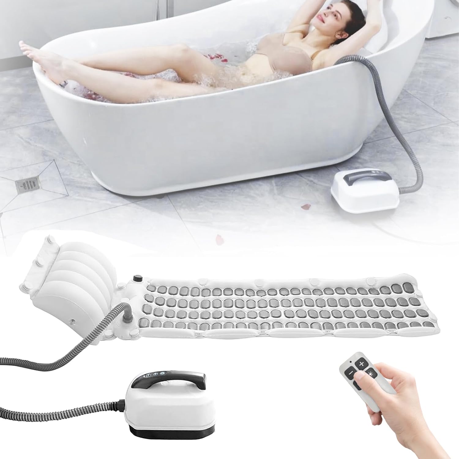 Sprudelmatte Badewanne, Whirlpool Matte für Badewanne Luftsprudelbad 6 Intensitätsstufen Badewannenmatte mit 114 Düsen und Kissen Spa Badewannenzubehör für Spa Baden