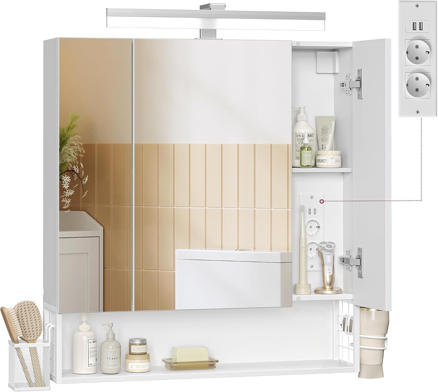 VASAGLE Spiegelschrank BBK126W01 – Testsieger Bad-Spiegelschrank mit Beleuchtung