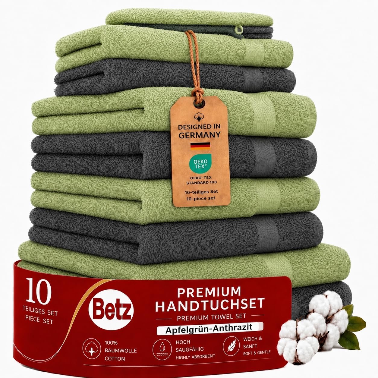 Betz Premium 10-teiliges Handtuch-Set Anthrazit & Apfelgrün – Testsieger Betz-Handtücher
