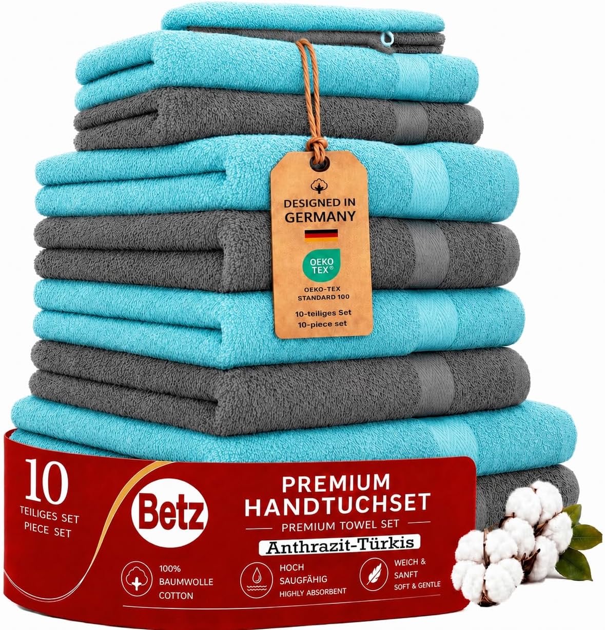 Betz Premium 10-teiliges Handtuch-Set Türkis & Anthrazit