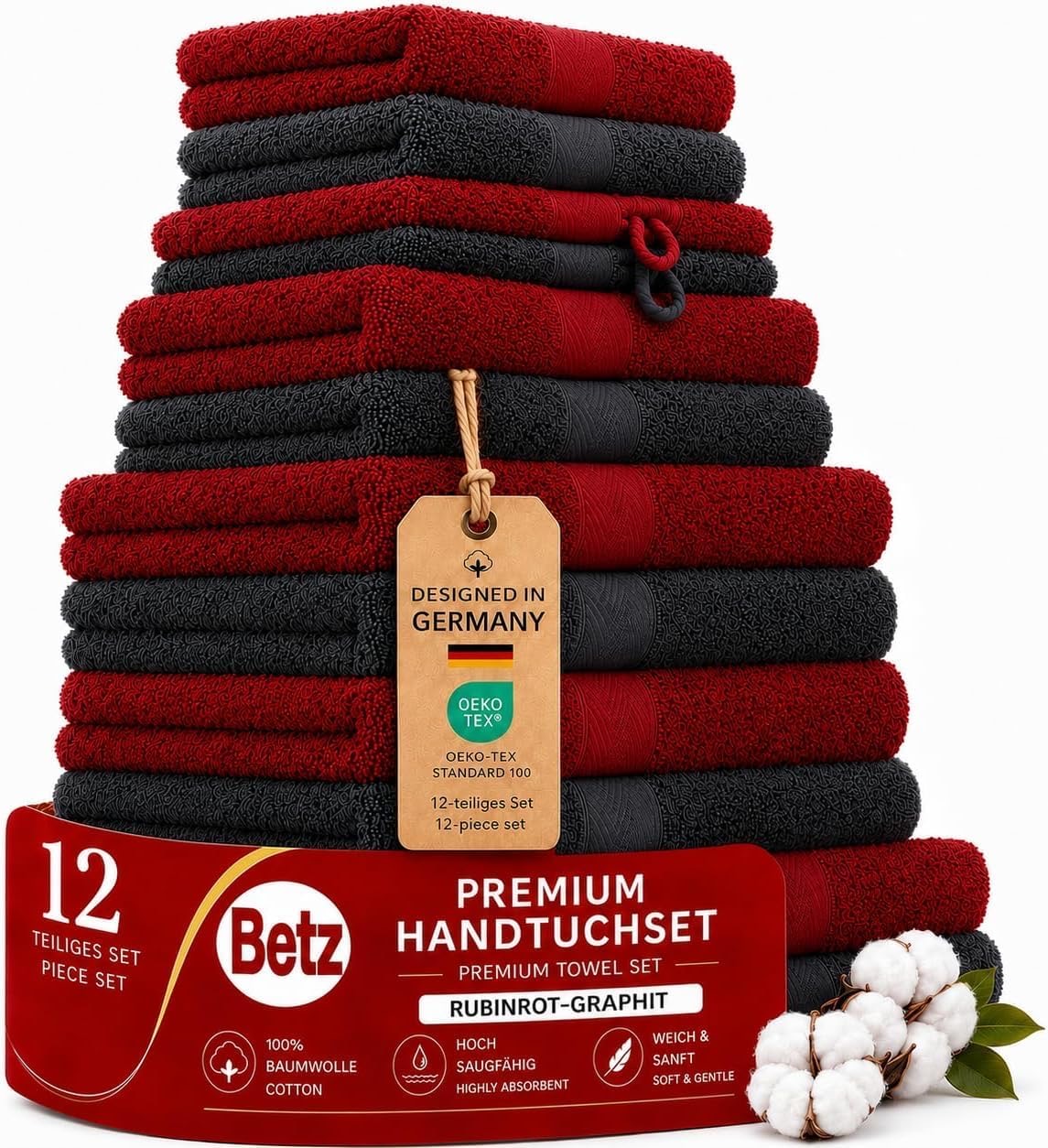 Betz Premium 12-teiliges Handtuch-Set Rubinrot/Graphit