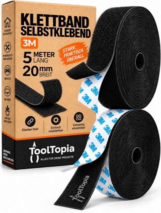 ToolTopia Klettband selbstklebend, 20 mm × 5 m, schwarz