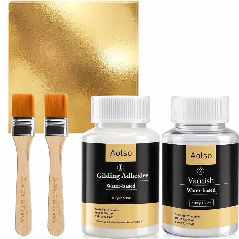 Aolso Blattgold-Set, 100 Blatt mit Kleber und Lack