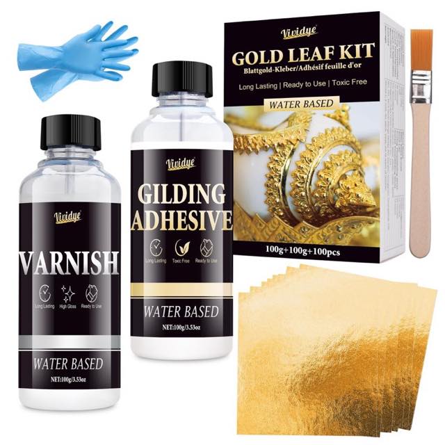 Vividye Vividye Blattgold-Set, 100 Blatt mit Kleber und Lack
