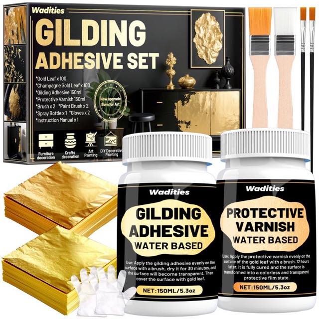 Wadities Blattgold-Set, 200 Blatt mit Kleber und Lack