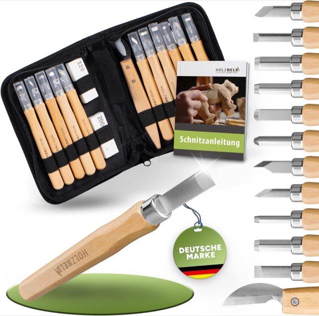 HOLZHELD Schnitzwerkzeug Set (16-teilig) mit Schnitzprojekt Anleitung