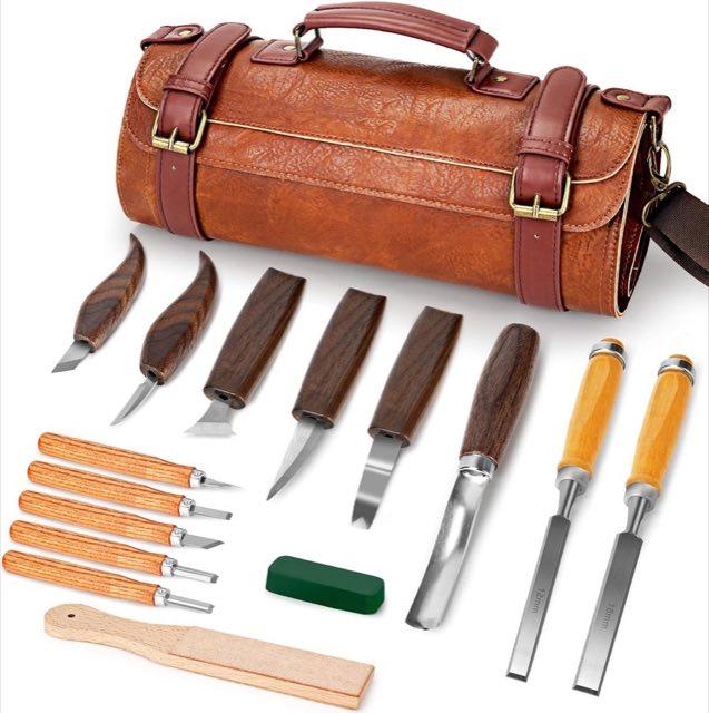 K KERNOWO Holzschnitzset, 17-teilig, mit Ledertasche