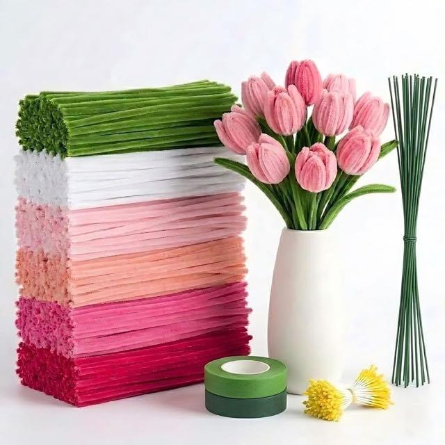 Bloomhüan Bloomhüan 600 Stück Pfeifenreiniger Blumen-Set Rosa