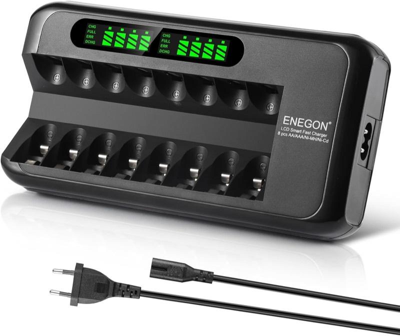 ENEGON 8-Schacht-Schnellladegerät mit LCD für Ni-MH- und Ni-CD-AA/AAA