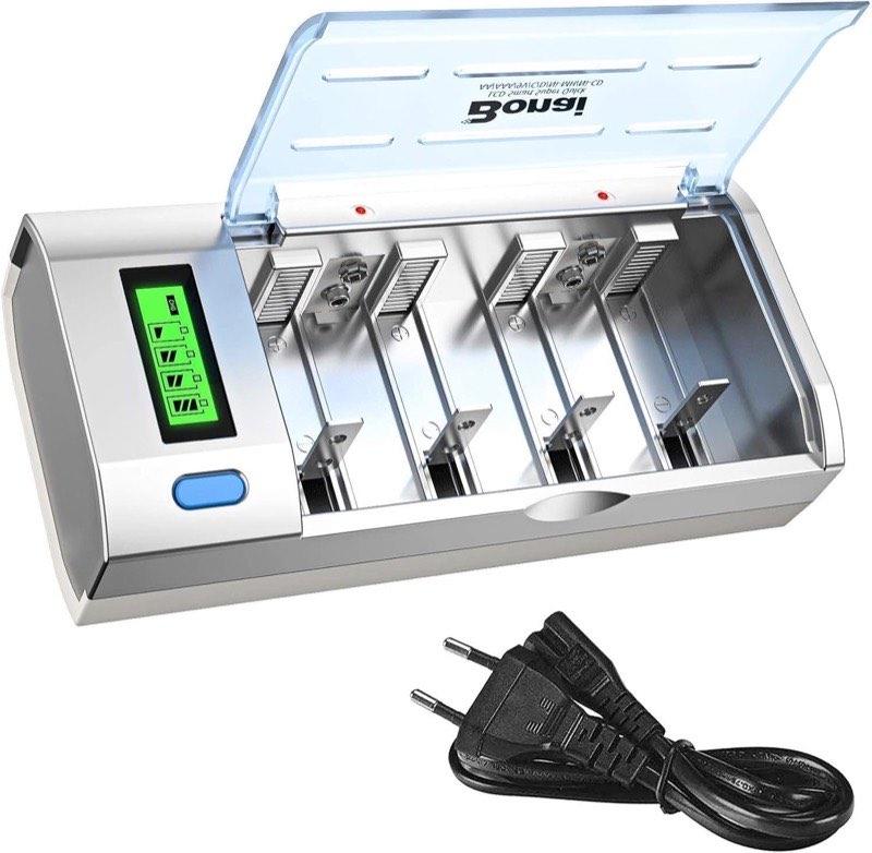 BONAI Universal Akkuladegerät für Ni-MH AA AAA C D und Li-Ion 9V, LCD, Entladefunktion, 4 Slots