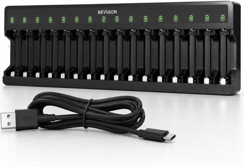 BEVIGOR NiMH Akku-Ladegerät 16-Fach, USB-C, für AA und AAA