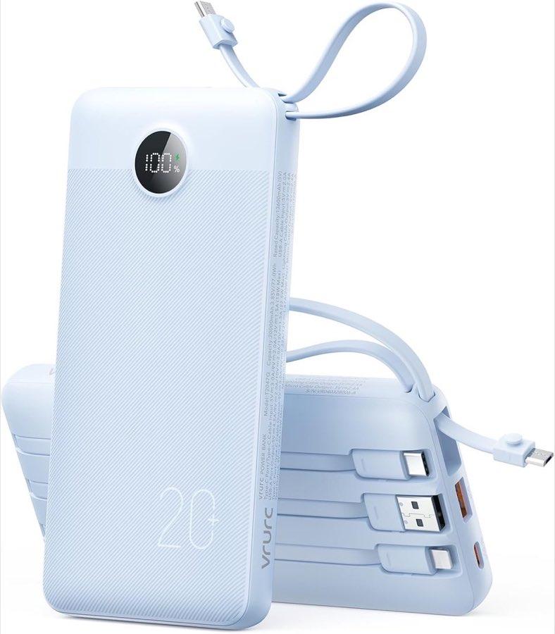 VRURC Powerbank 20000 mAh mit Kabeln, 22,5 W
