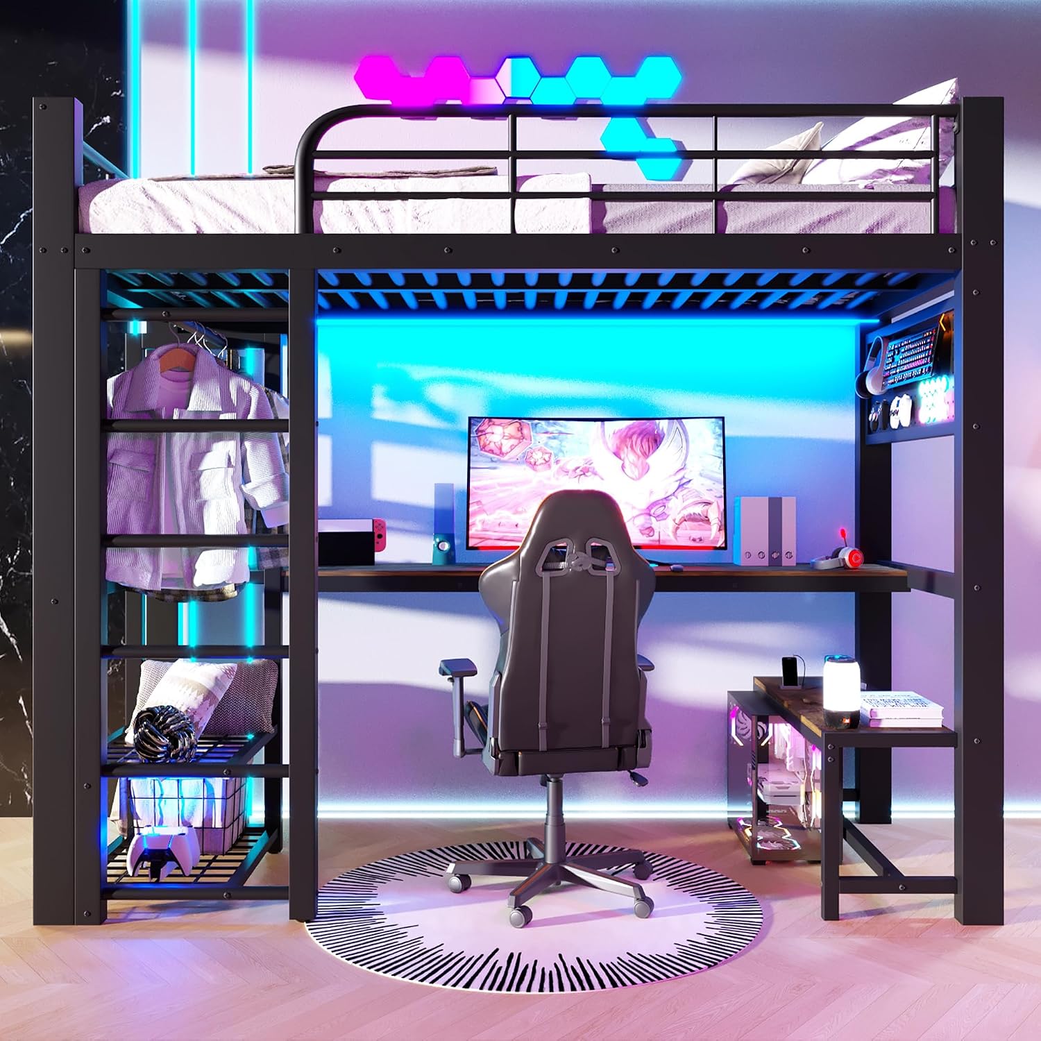 staronce Hochbett 90×200 mit Treppe und LED