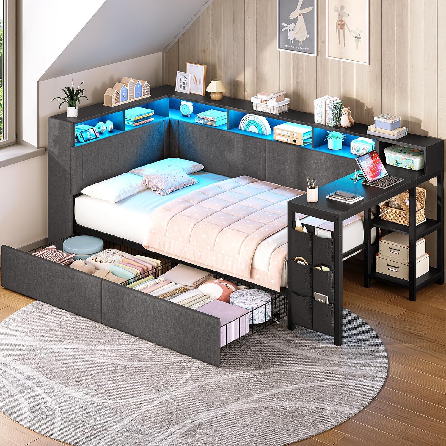 AOGLLATI Polsterbett 90×200 mit Schreibtisch