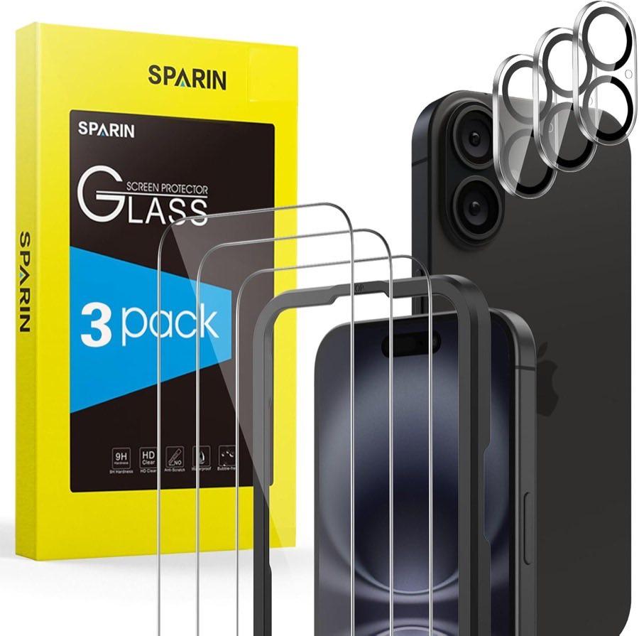 SPARIN Panzer Schutz Glas für iPhone 16, 3+3 Stück