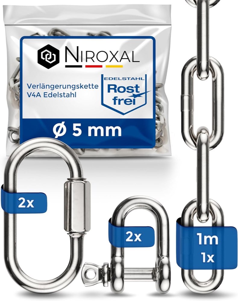 Edelstahl V4A (A4) Ketten Verlängerung 5 mm – 1 m – 1 Ketten – inkl. 2 Schraubverbinder & 2 Schäkel – bis 900 kg