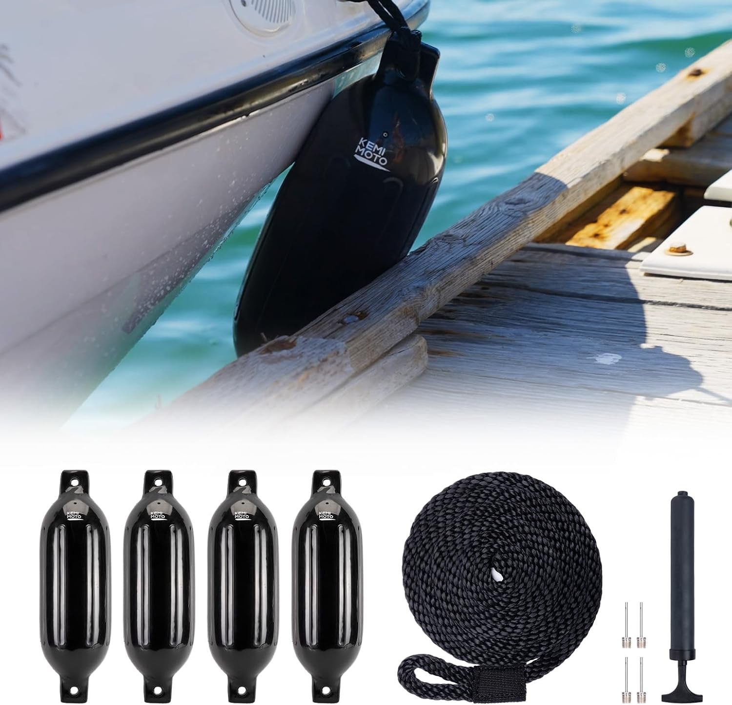 KEMIMOTO Bootsfender, aufblasbare Bootspoller für Boote, 4er-Set mit 4 Seilen, ideal für Anlegemanöver, geeignet für Pontonboote, Angelboote