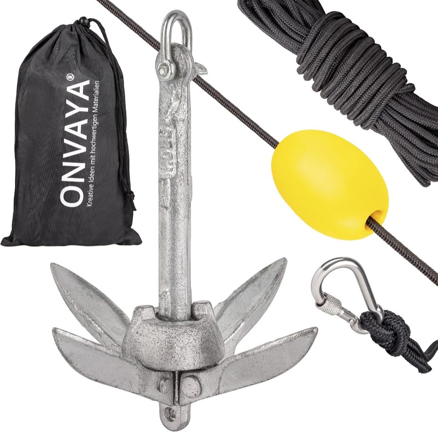 ONVAYA® Bootsanker | Klappanker | Set inklusive Ankerleine mit Karabiner, Ankerboje und Transportbeutel | Faltanker | Anker für Boot, Schlauchboot, SUP, Kajak, Kanu