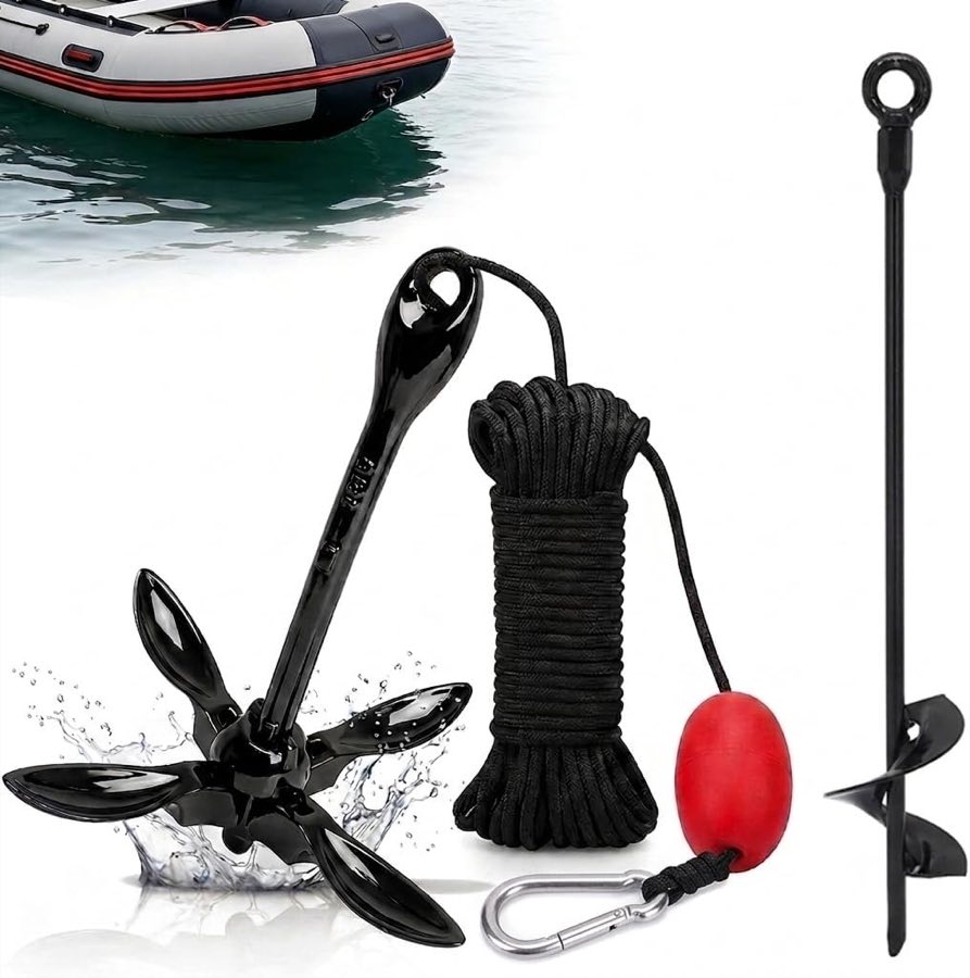 Anker Bootsanker, 1,59 kg, klappbar, mit 12m Marine-Seil、Karabiner und Spiral Bodenanker, für SUP und Schlauchboot