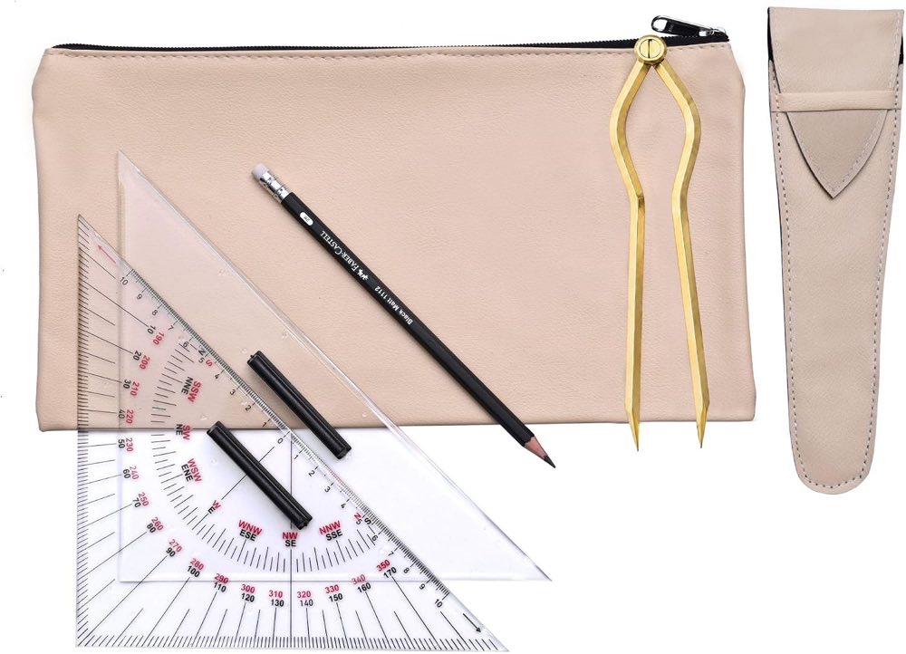Dreimaster Navigationsset Premium – Kursdreieck 27 cm, Anlegedreieck, Messing-Navigationszirkel, Bleistift & Tasche | Navigationsbesteck für SBF See, SKS und Seekartennavigation