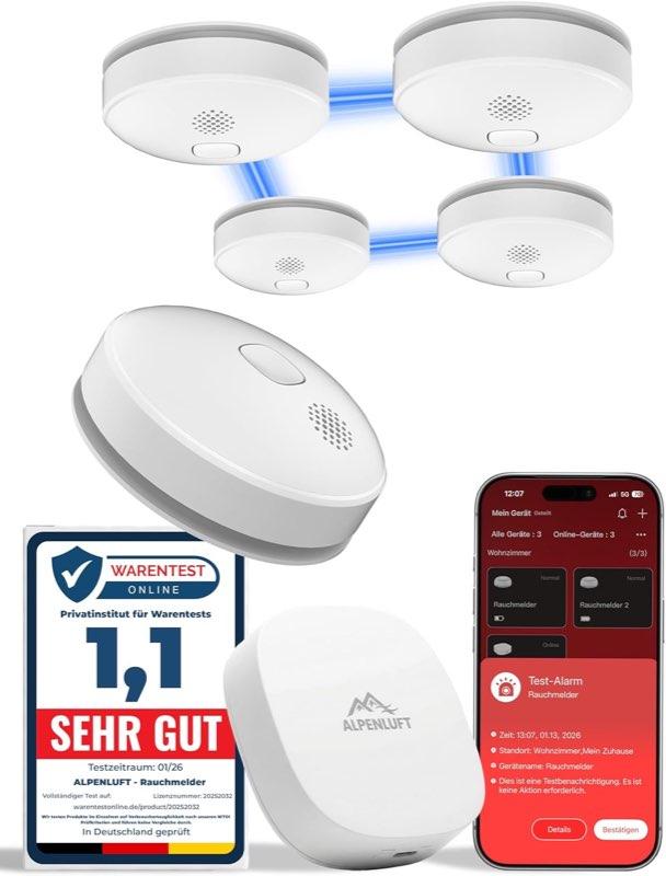 ALPENLUFT Smart Funk-Rauchmelder, 5er + Hub