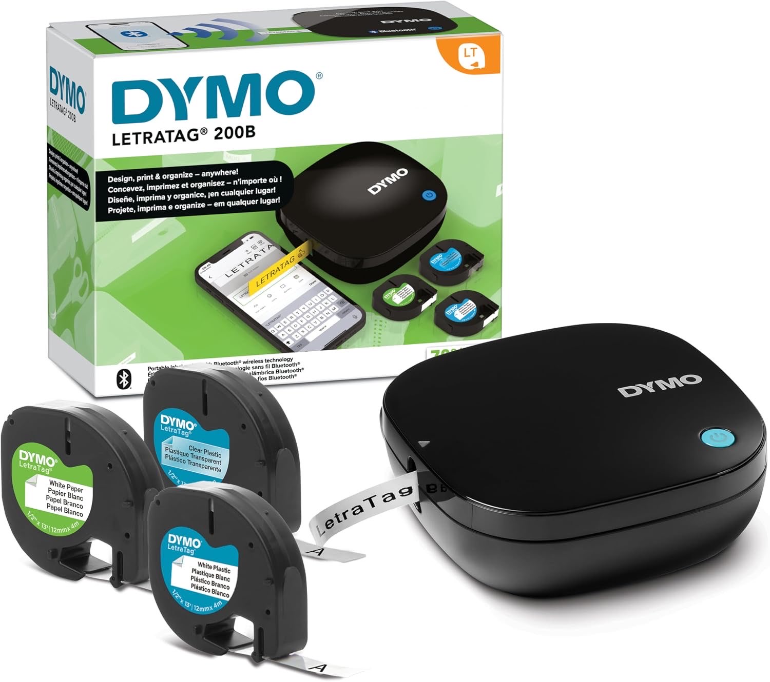 DYMO LetraTag 200B-Beschriftungsgerät mit Bluetooth | kompakter Etikettendrucker | verbindet Sich über Wireless Bluetooth-Technologie mit iOS und Android | inklusive 3 x Schriftband