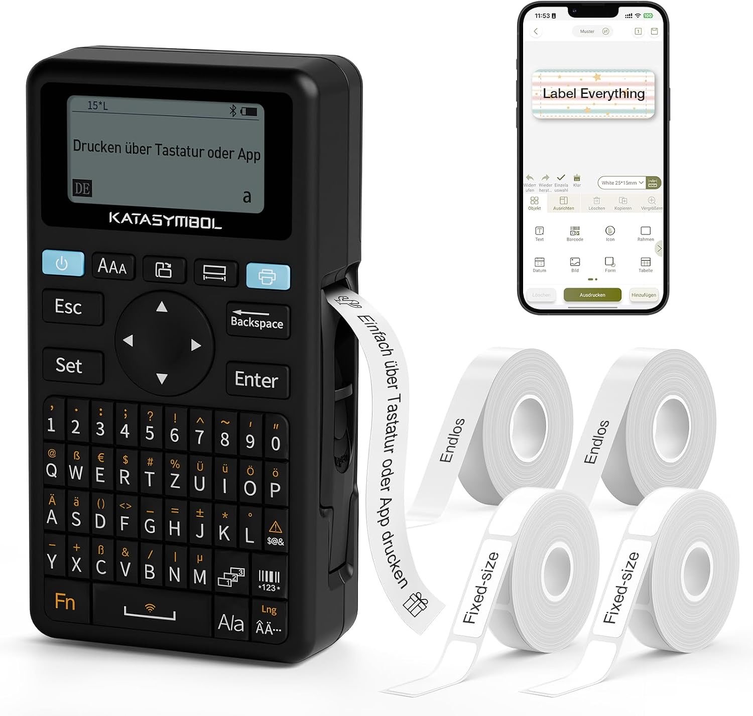 SUPVAN E11 Etikettendrucker mit QWERTZ-Tastatur und Bluetooth, 4 Rollen