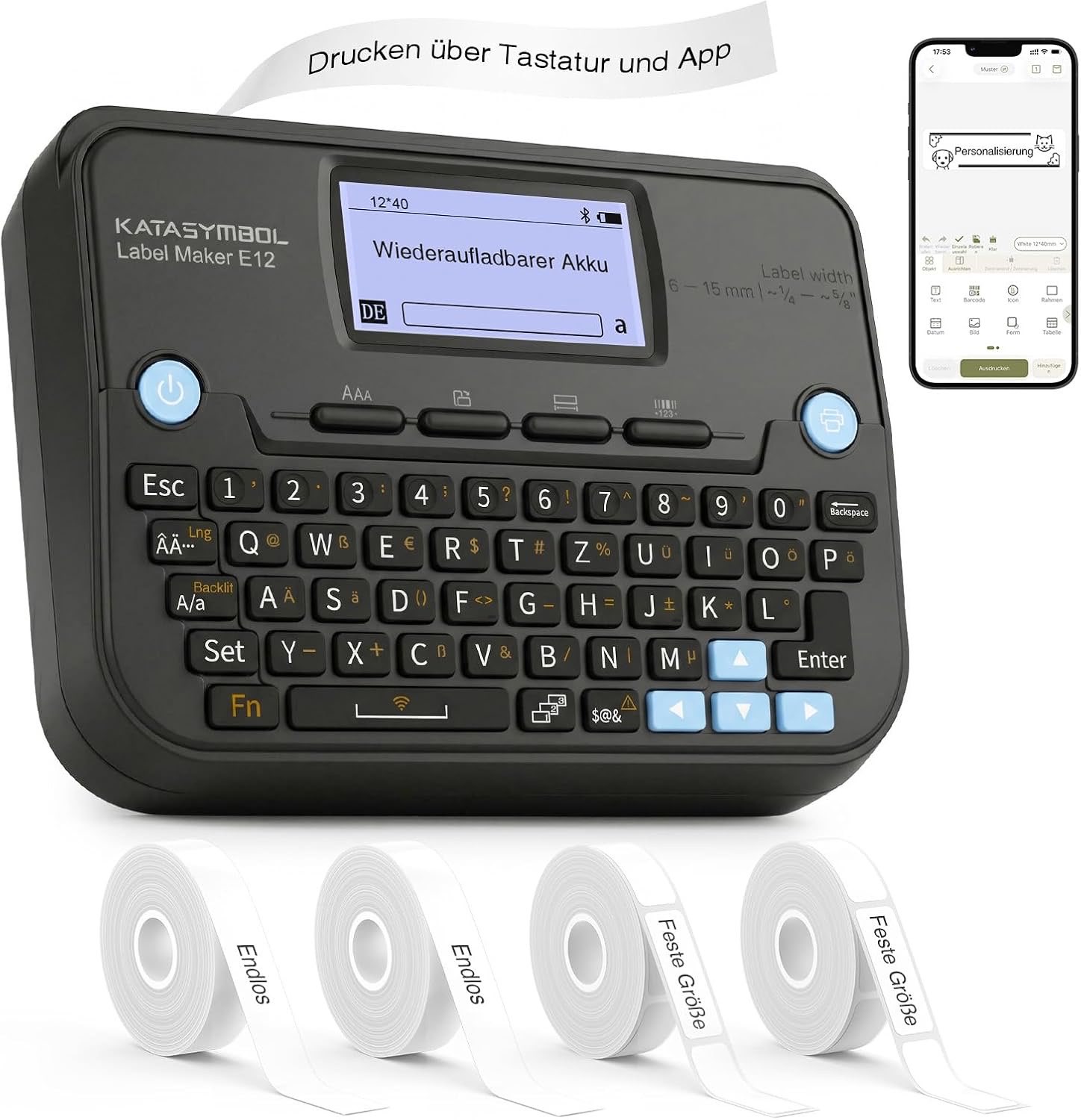 SUPVAN E12 Etikettendrucker, QWERTZ-Tastatur & Bluetooth, 4 Rolle, schwarz