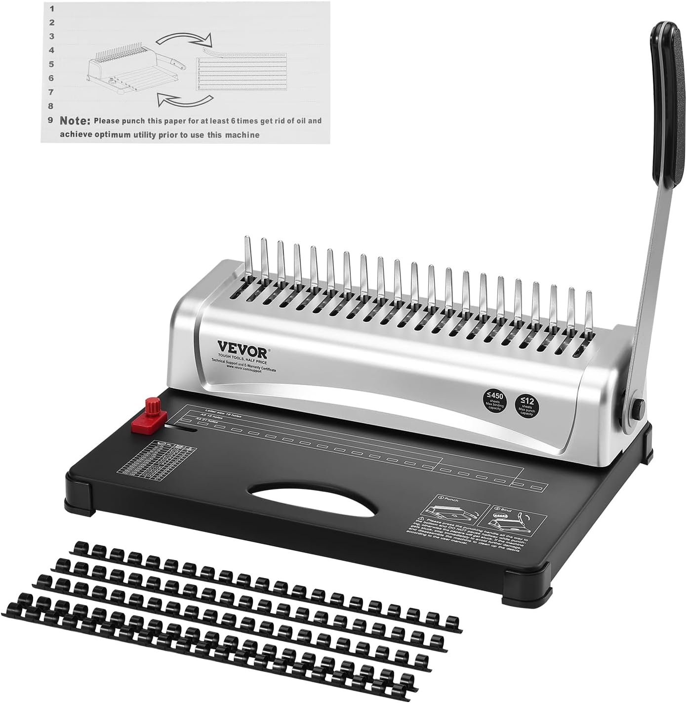 VEVOR Bindemaschine, Kammbindemaschine 21-Loch-Bindung 450 Blatt, Buchbindemaschine mit 100 Stück 3/8 Zoll Kammbinderücken, für Briefgröße, A4, A5