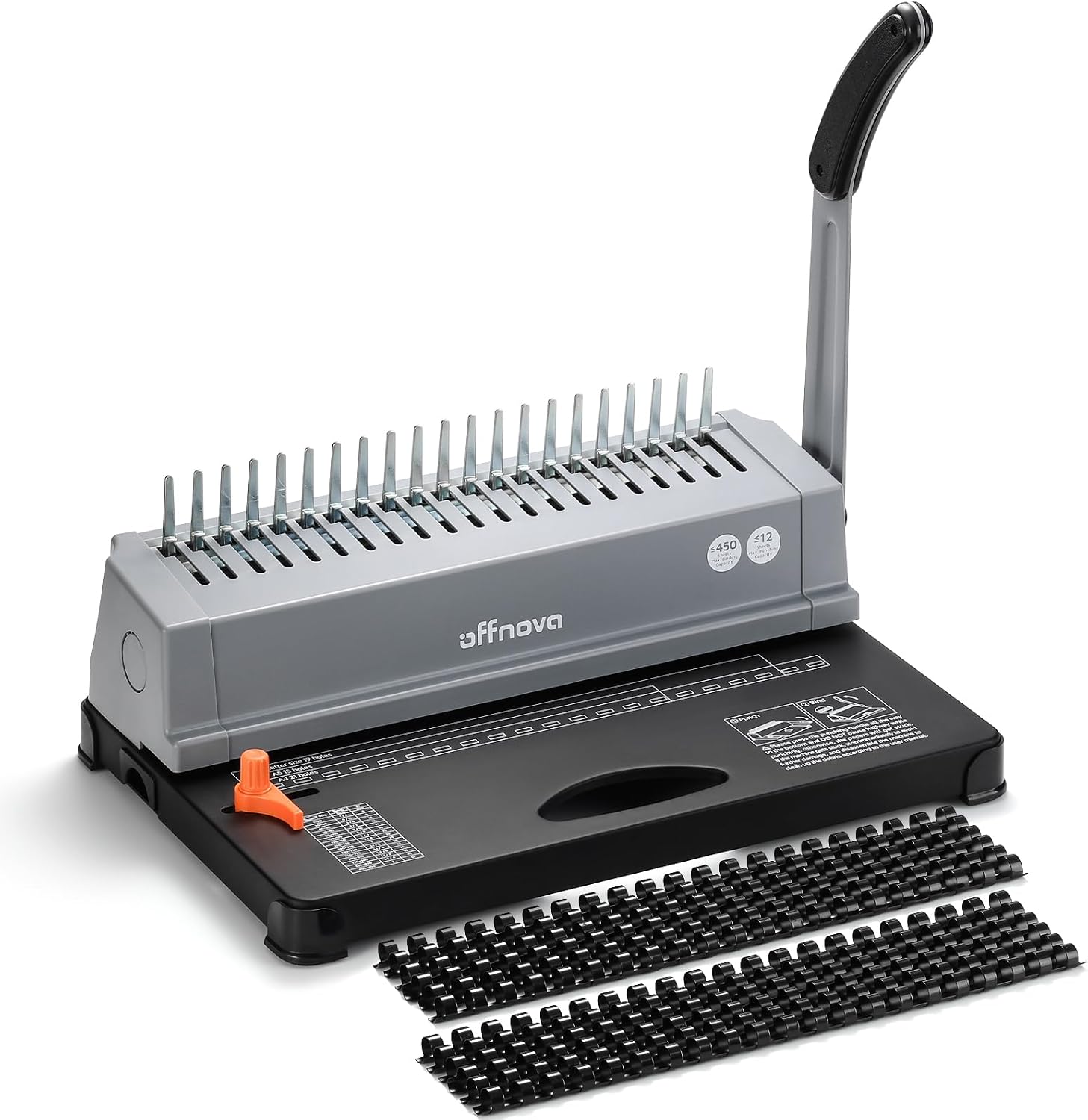OFFNOVA Bindemaschine 21-Loch 450 Blatt Bindegerät, Spiralbindung Buchbinder Maschine mit Starter Kit Kamm Bindung Stacheln, für tägliche Office-Dokumente, Grau