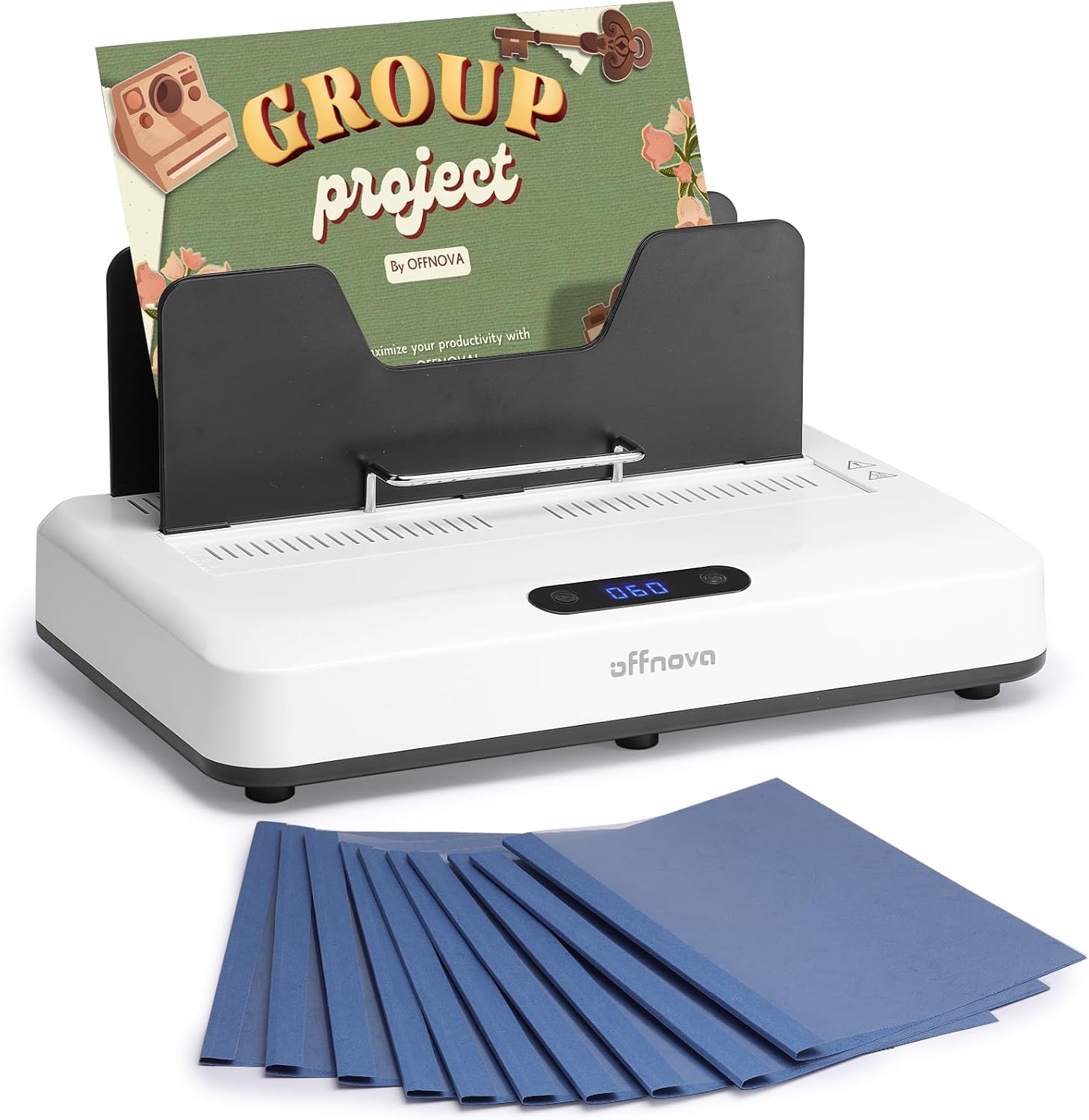 OFFNOVA OFFNOVA Thermobindemaschine 500 Blatt, kein Vorheizen, Luftkühlung, 3 Zeiteinstellungen, A3/A4/A5/Letter kompatibel, inkl.10 Bindedeckeln für Büro & Homeschooling