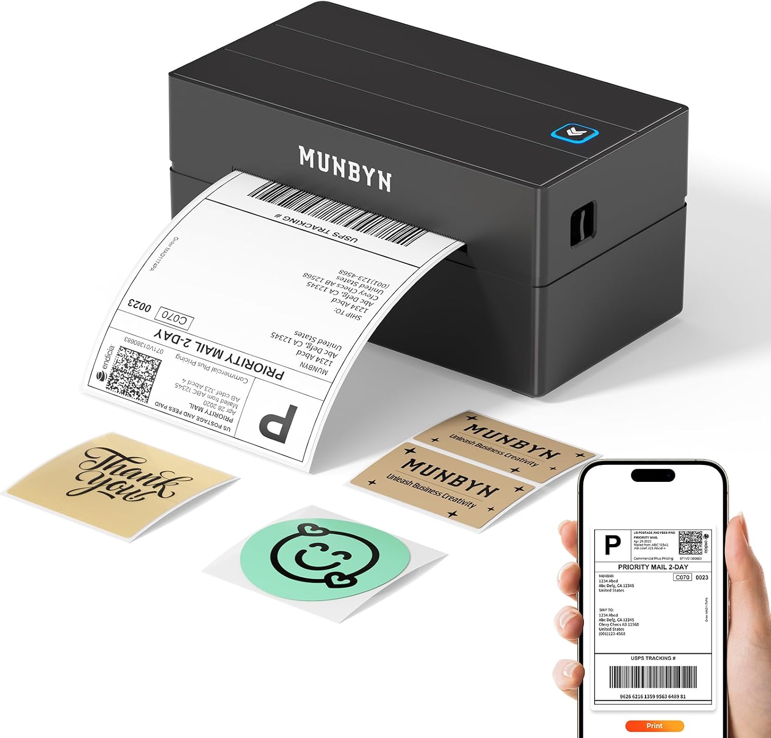 MUNBYN DHL Etikettendrucker Bluetooth, Label Printer ITPP130B Schwarz