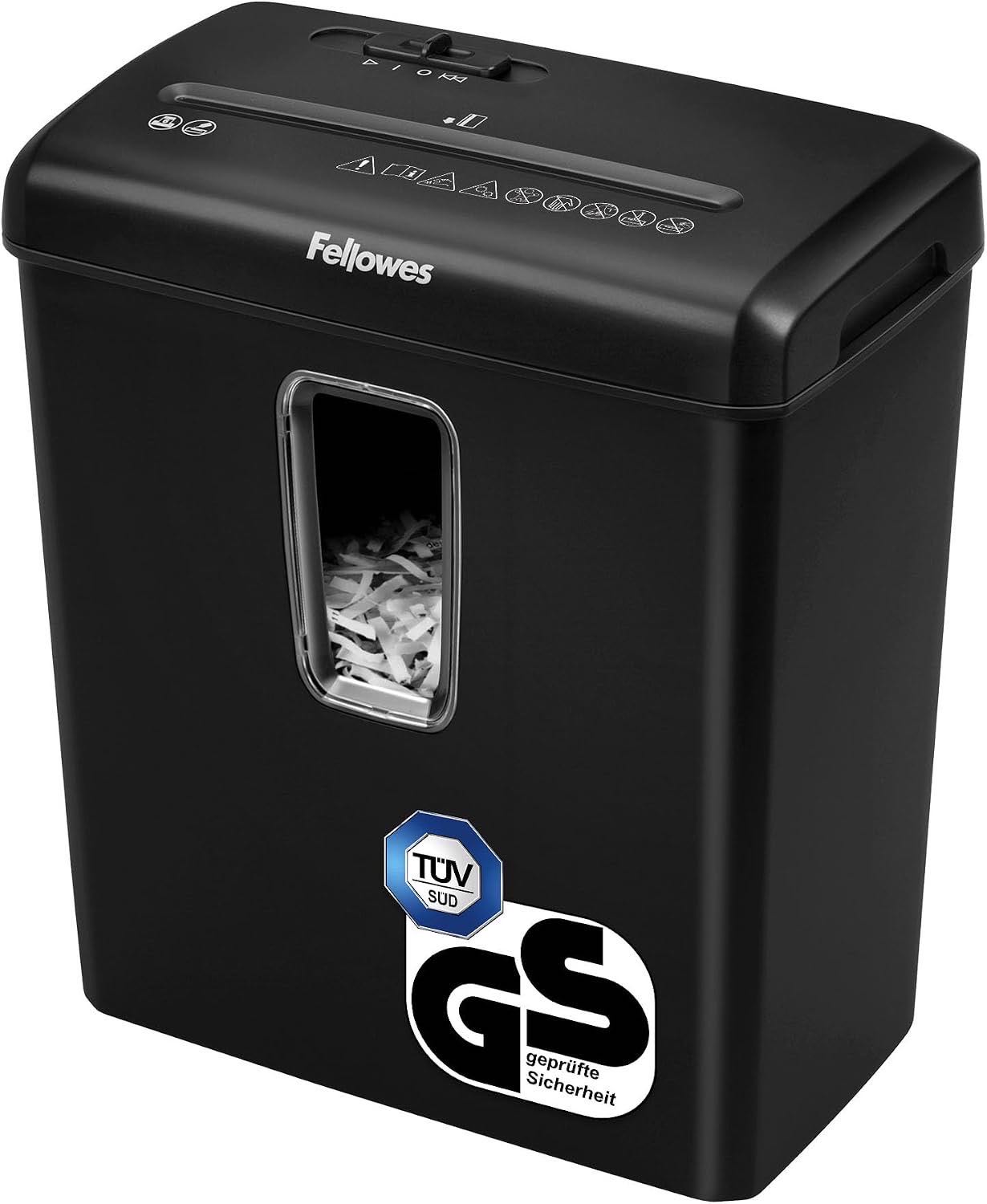Fellowes Aktenvernichter 6 Blatt Partikelschnitt (P4), Papierschredder für Zuhause und Homeoffice, Powershred FS-6C, Schredder mit 15L Papierkorb, verarbeitet Kreditkarten, Heftklammern, schwarz