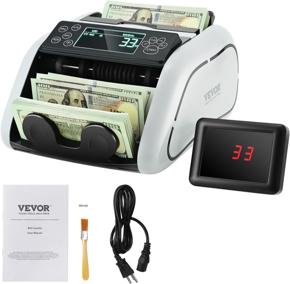 VEVOR Geldzählmaschine, Banknotenzähler mit UV-, MG-, IR- und DD-Falschgelderkennung, USD- und EUR-Geldzählmaschine mit LCD Display Kann gemischte Noten nicht zählen