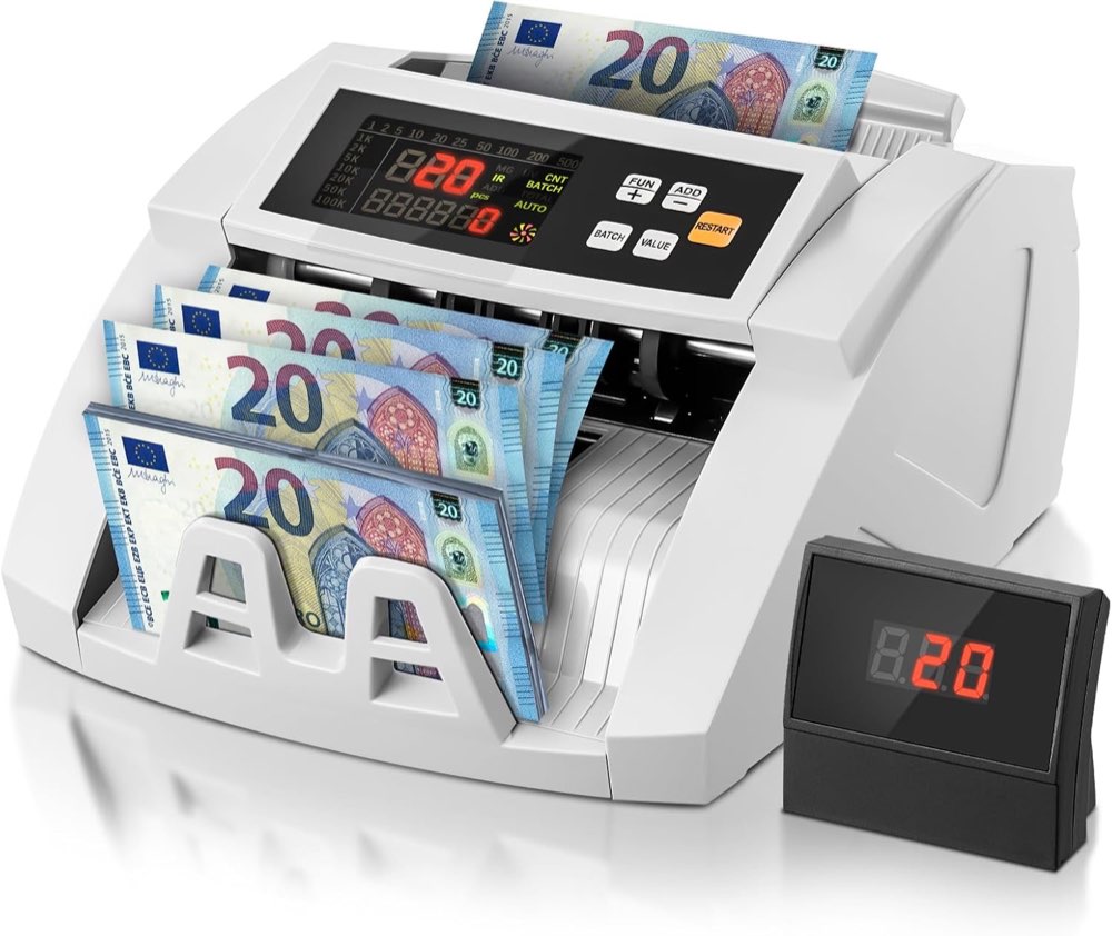 FOHERE Geldzählmaschine, Professioneller Geldzähler mit UV/MG/IR/DD Fälschungserkennung, 1100 Banknoten/Minute, LCD-Display, Wert- und Batch-Modus für Geschäfte, Banken und Restaurants