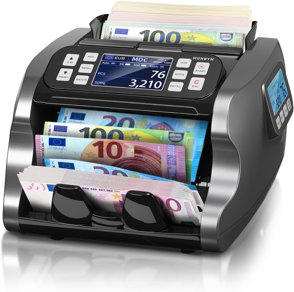 MUNBYN IMC22 Geldzählmaschine für gemischte Stückelungen, Dual-Display, CIS/UV/IR/MG Falschgelderkennung Geldscheinzähler für USD,EUR,GBP,MXN,CAD Ideal für Unternehmen, 2 Jahre Schutz Schwarz