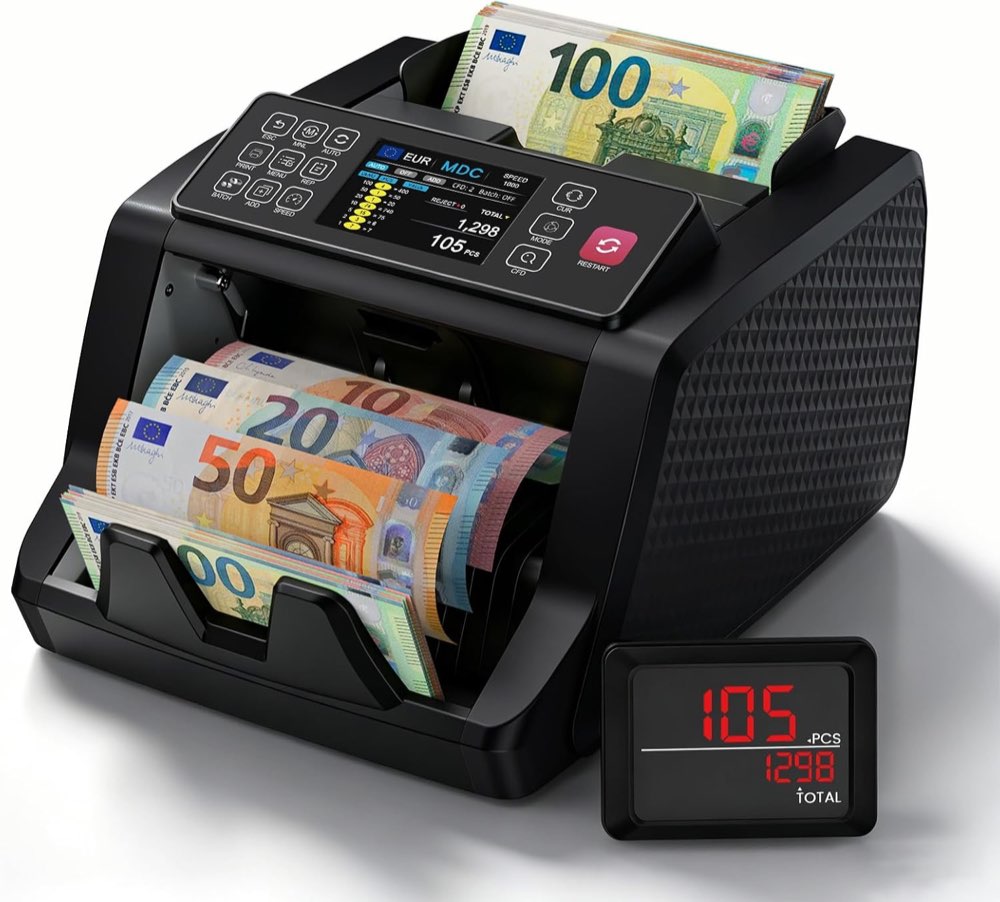 AL9103 Geldzählmaschine für Gemischte Stückelungen, Fälschungserkennung Mittels CIS/MG/UV/IR, 3,5"TFT Touchscreen, Überprüfung 120 Währungen, Banknotenzähler für Effiziente Geschäftsabläufe, Schwarz