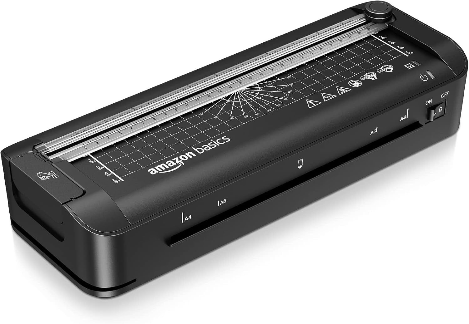 Amazon Basics 3-in-1-Thermolaminiergerät für A4-Größe, mit Funktionen zum Schneiden, Stanzen und Abrunden von Ecken, inkl. 10 Hüllen, EU-Stecker, Schwarz
