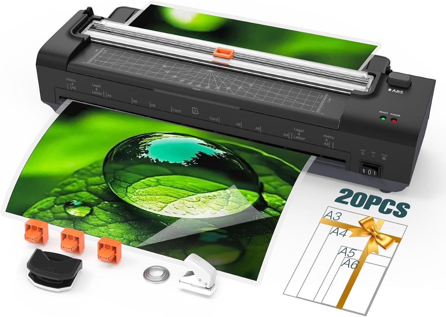 A3 Laminiergerät mit 20 Laminierfolien – Heiß und Kalt Foliergerät für A3 A4 A5 A6 mit Papierschneider und Eckenabrunder für Büro, Schule, Geschäft und Zuhause, Schwarz