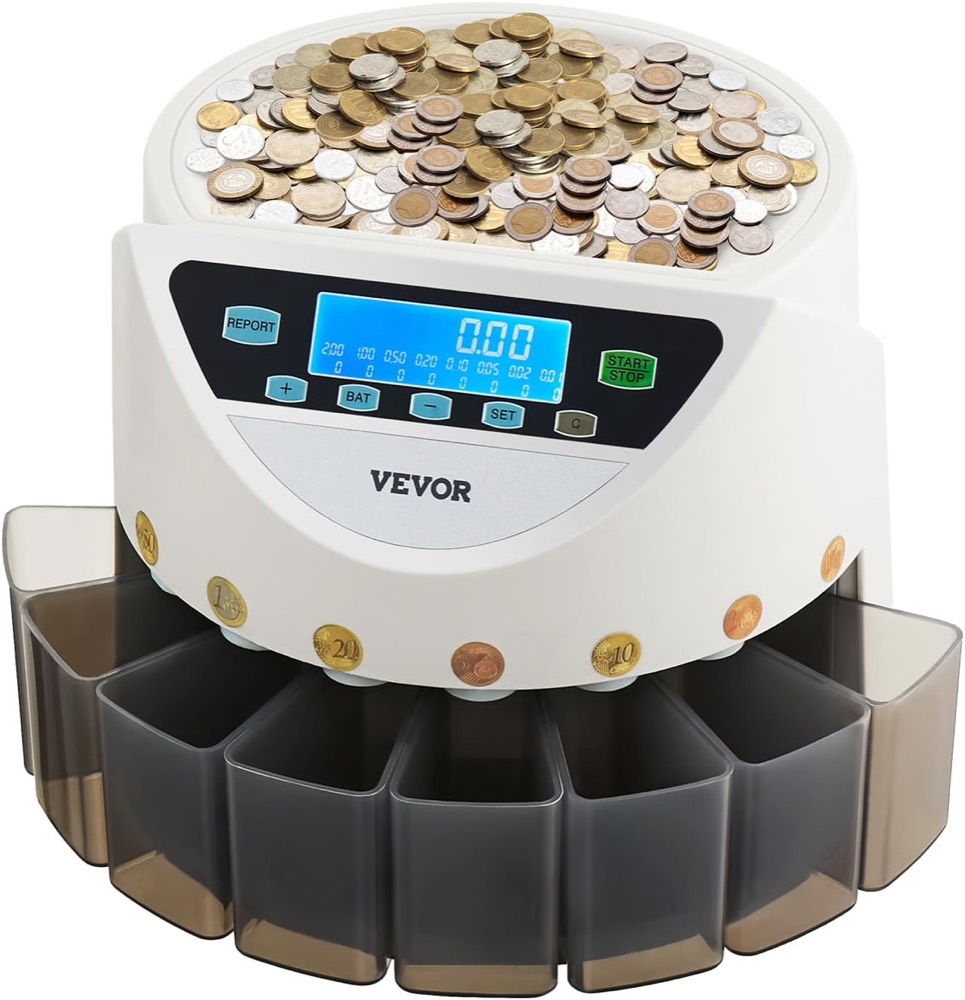 VEVOR Euro-Münzsortierer, Münzzählmaschine für 8 Arten von Euro-Münzen, Münzzählautomat für bis zu 850 Münzen, großes LCD-Display, Münzaufbewahrung inkl. 5 Münzröhren & 8 Münzboxen