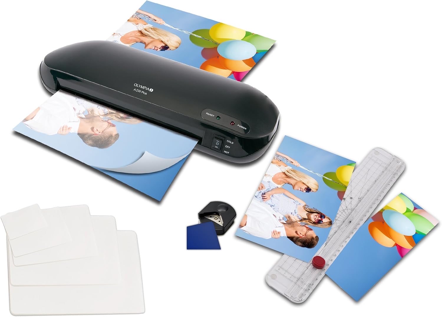 Das Neue Premium 4 in 1 Laminierset von Olympia Laminiergerät Din A4 A230 Plus mit Trimmer, 15 gemischte Folien von DIN A4 bis Visitenkartengröße und Eckenrunder