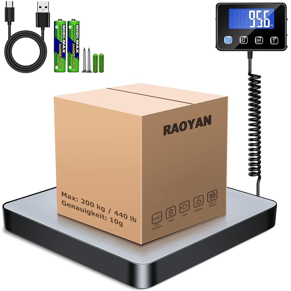 Paketwaage, 200kg/10g Hochpräzise Digitale Plattformwaage mit Halte/Tara Funktion,…