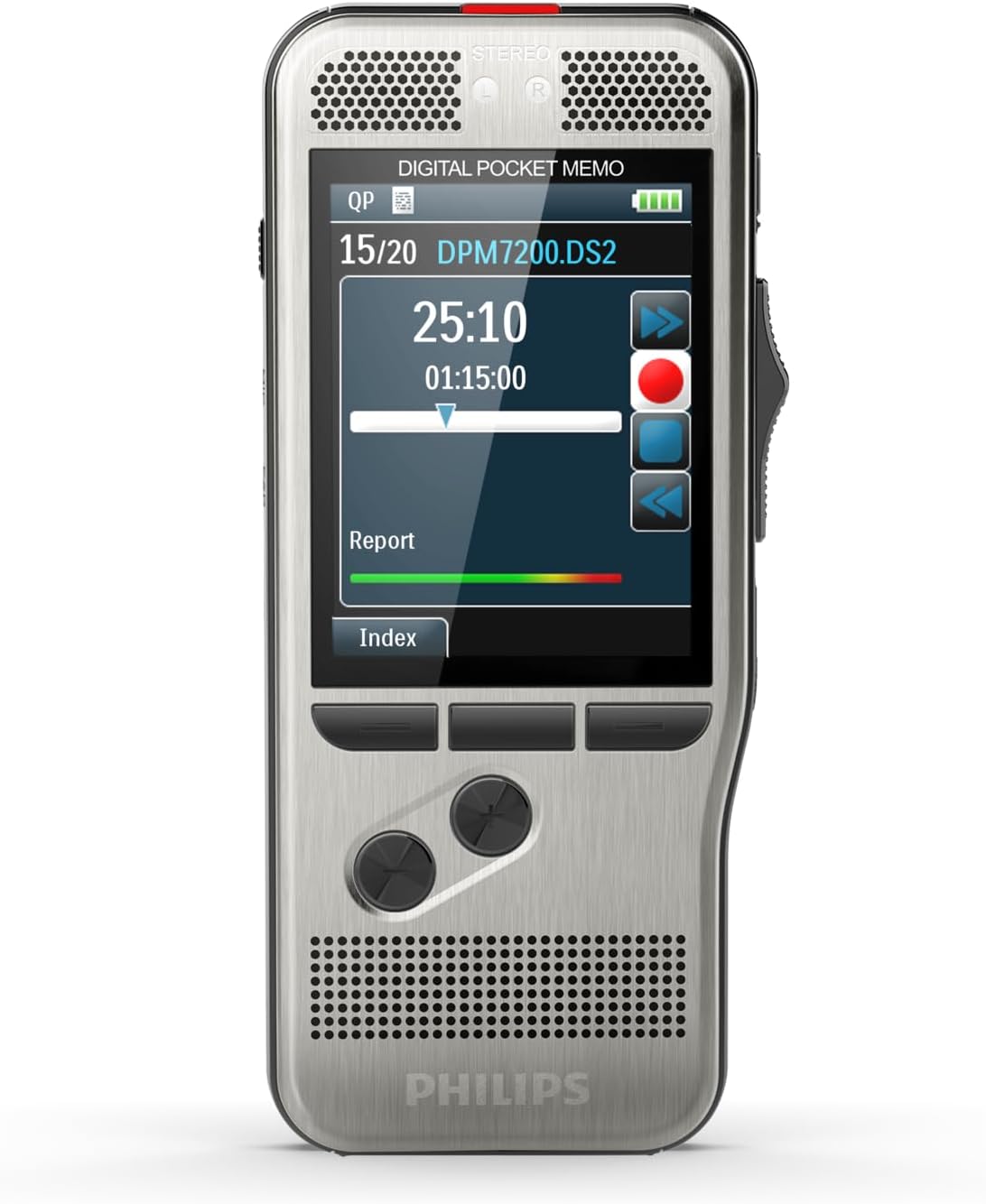 Philips Pocket Memo Digitales Diktiergerät DPM7200 Schiebeschalter-Bedienung, 2 Mikrofone für Stereo-Tonaufnahmen, Farbdisplay, Edelstahlgehäuse, inkl. Diktiersoftware SpeechExec B